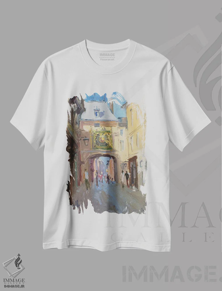 تیشرت سفید طرح دار ساعت بزرگ روان، هنر فاخر معاصر اثر کنتس آرت | فروشگاه ایماژ