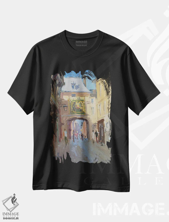 تیشرت مشکی طرح دار ساعت بزرگ روان، هنر فاخر معاصر اثر کنتس آرت | immage.ir