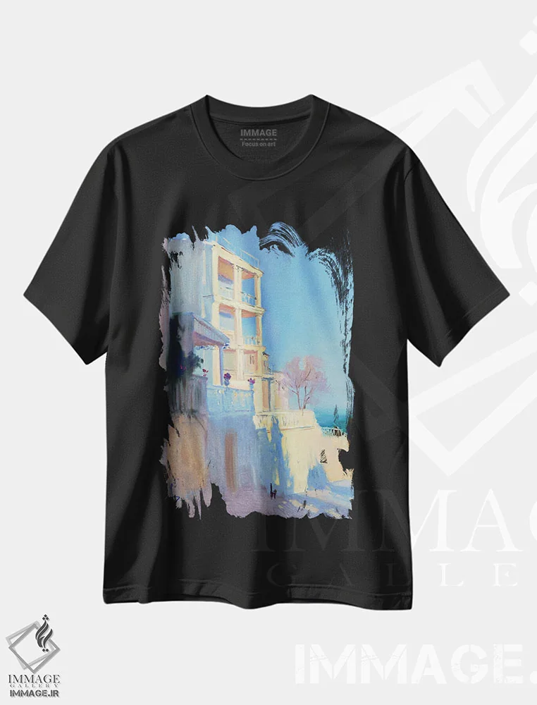 تیشرت مشکی طرح دار غروب زمستانی در یالتا، هنر فاخر معاصر اثر کنتس آرت | فروشگاه ایماژ