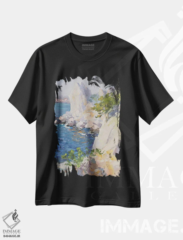 تیشرت مشکی طرح دار صخره بال قو، هنر فاخر معاصر اثر کنتس آرت | فروشگاه ایماژ