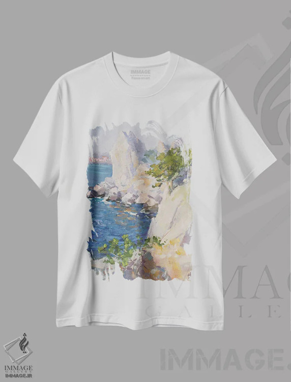 تیشرت سفید طرح دار صخره بال قو، هنر فاخر معاصر اثر کنتس آرت | immage.ir