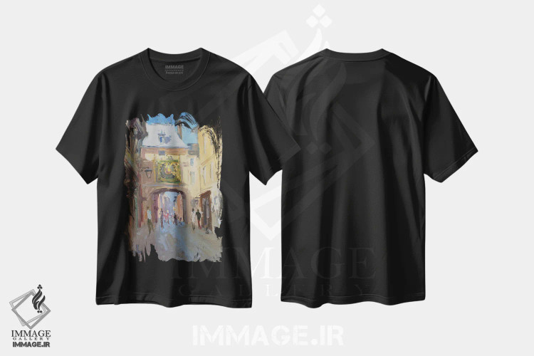 تیشرت مشکی طرح دار ساعت بزرگ روان، هنر فاخر معاصر اثر کنتس آرت | immage.ir