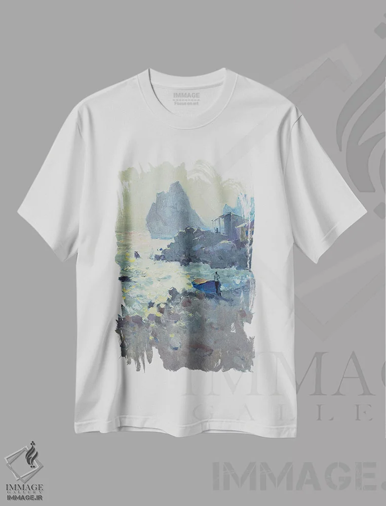 تیشرت سفید طرح دار بازتاب های آفتاب در سمییز II، هنر فاخر معاصر اثر کنتس آرت | فروشگاه ایماژ