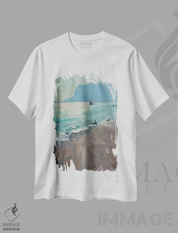 تیشرت سفید طرح دار قایق تفریحی بهاری در کوکتبل در حرکت است، هنر فاخر معاصر اثر کنتس آرت | فروشگاه ایماژ