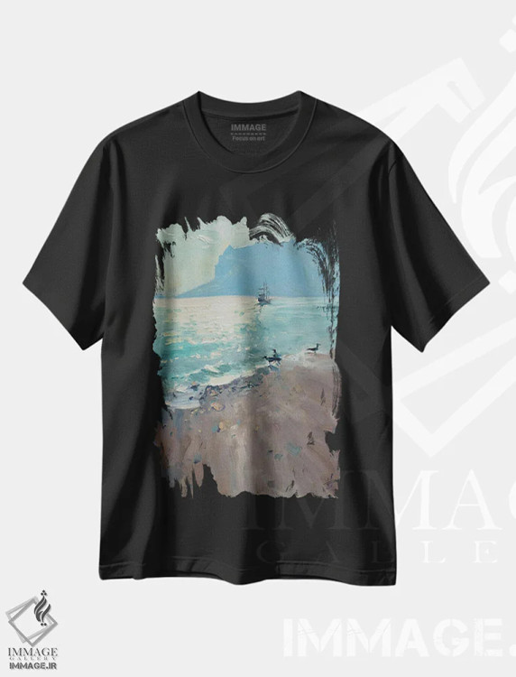 تیشرت مشکی طرح دار قایق تفریحی بهاری در کوکتبل در حرکت است، هنر فاخر معاصر اثر کنتس آرت | immage.ir