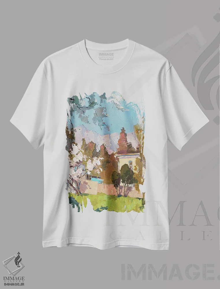 تیشرت سفید طرح دار بهارِ سمییز در دامنه کوه آی پتری، هنر فاخر معاصر اثر کنتس آرت | فروشگاه ایماژ