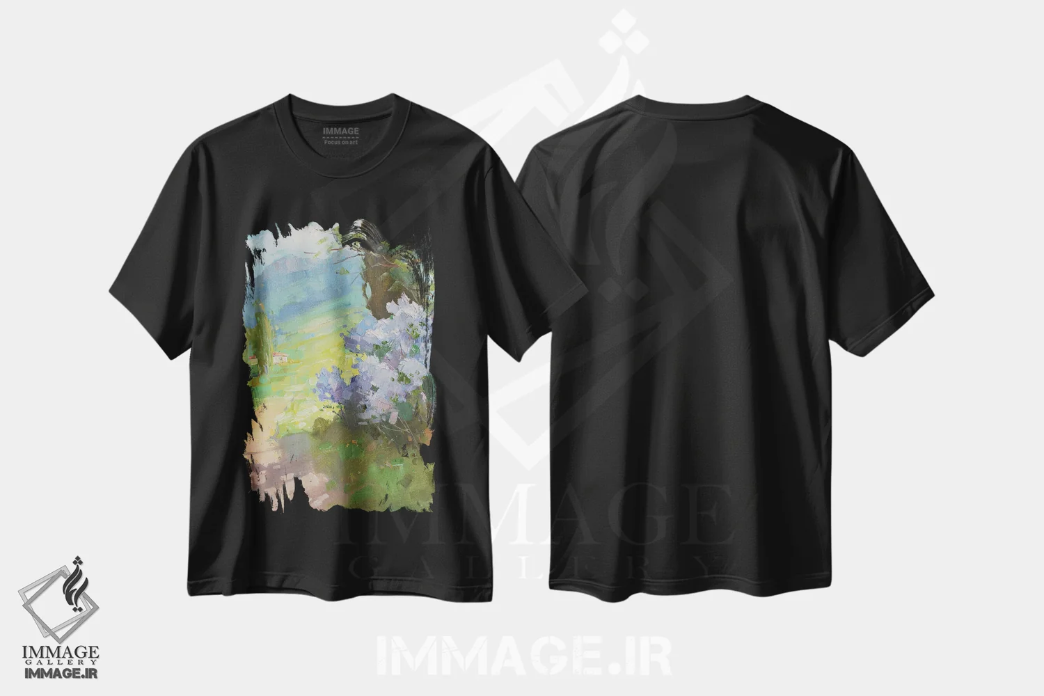 تیشرت مشکی طرح دار یاس بنفش بهاری در کوهستان، هنر فاخر معاصر اثر کنتس آرت | فروشگاه ایماژ