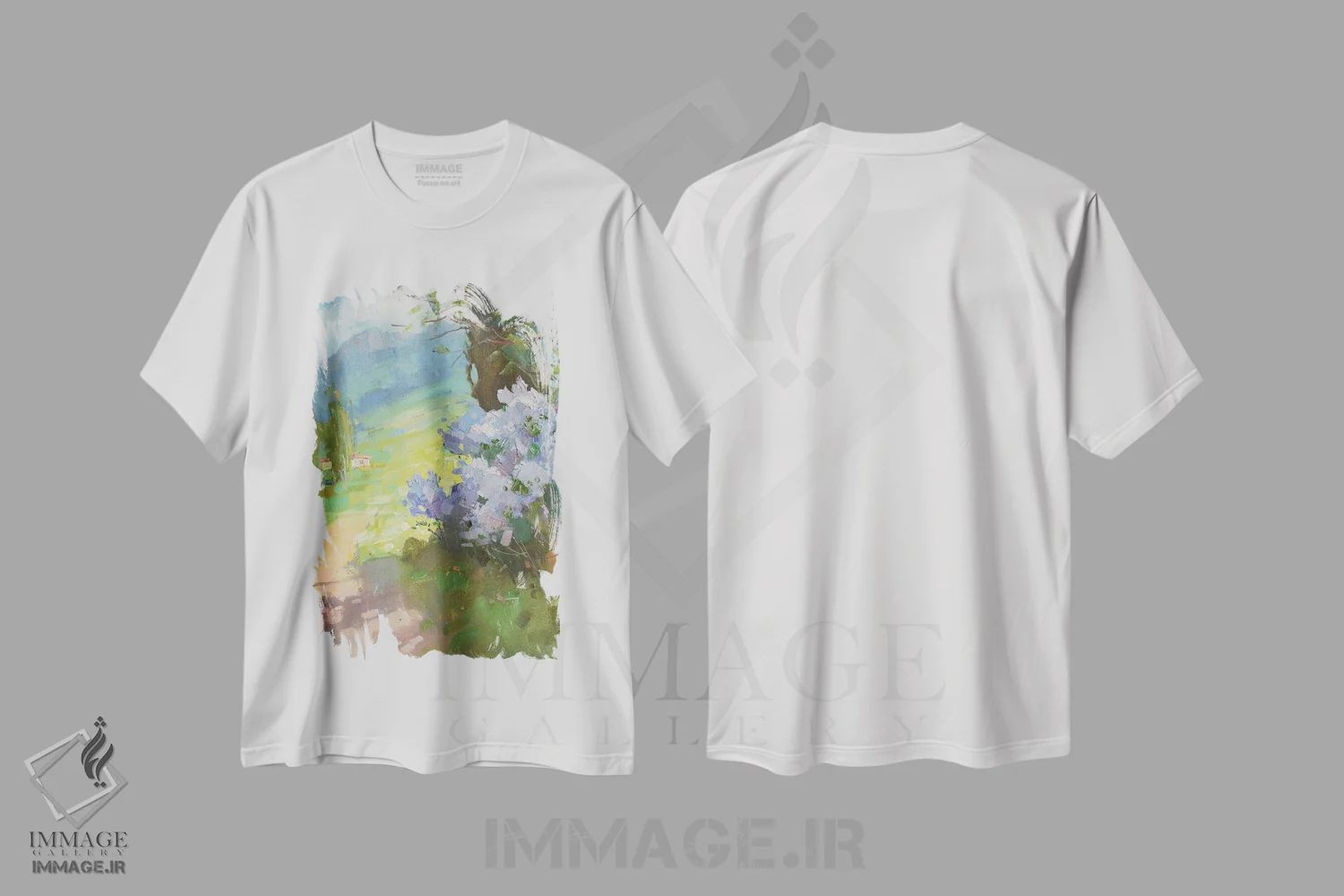 تیشرت سفید طرح دار یاس بنفش بهاری در کوهستان، هنر فاخر معاصر اثر کنتس آرت | immage.ir