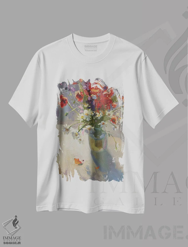 تیشرت سفید طرح دار طبیعت بی جان شقایق و بابونه، هنر فاخر معاصر اثر کنتس آرت | فروشگاه ایماژ