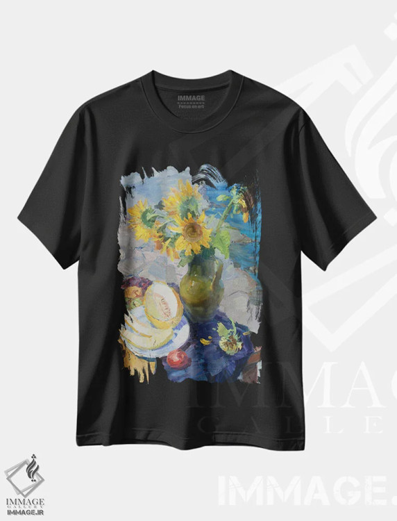 تیشرت مشکی طرح دار طبیعت بی جان آفتابگردان و خربزه، هنر فاخر معاصر اثر کنتس آرت | فروشگاه ایماژ