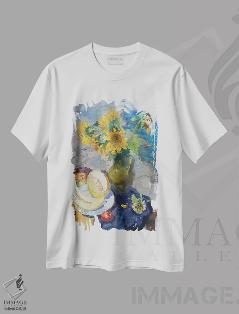تیشرت سفید طرح دار طبیعت بی جان آفتابگردان و خربزه، هنر فاخر معاصر اثر کنتس آرت | immage.ir