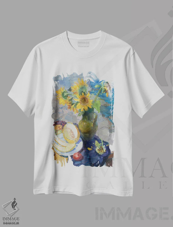 تیشرت سفید طرح دار طبیعت بی جان آفتابگردان و خربزه، هنر فاخر معاصر اثر کنتس آرت | immage.ir