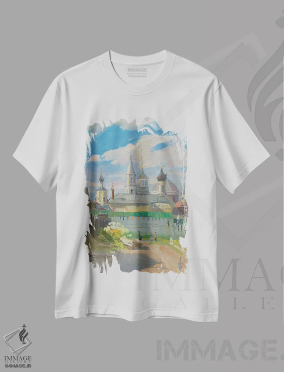 تیشرت سفید طرح دار صومعه بوریس و بلب، تورژوک، روسیه، هنر فاخر معاصر اثر کنتس آرت | فروشگاه ایماژ