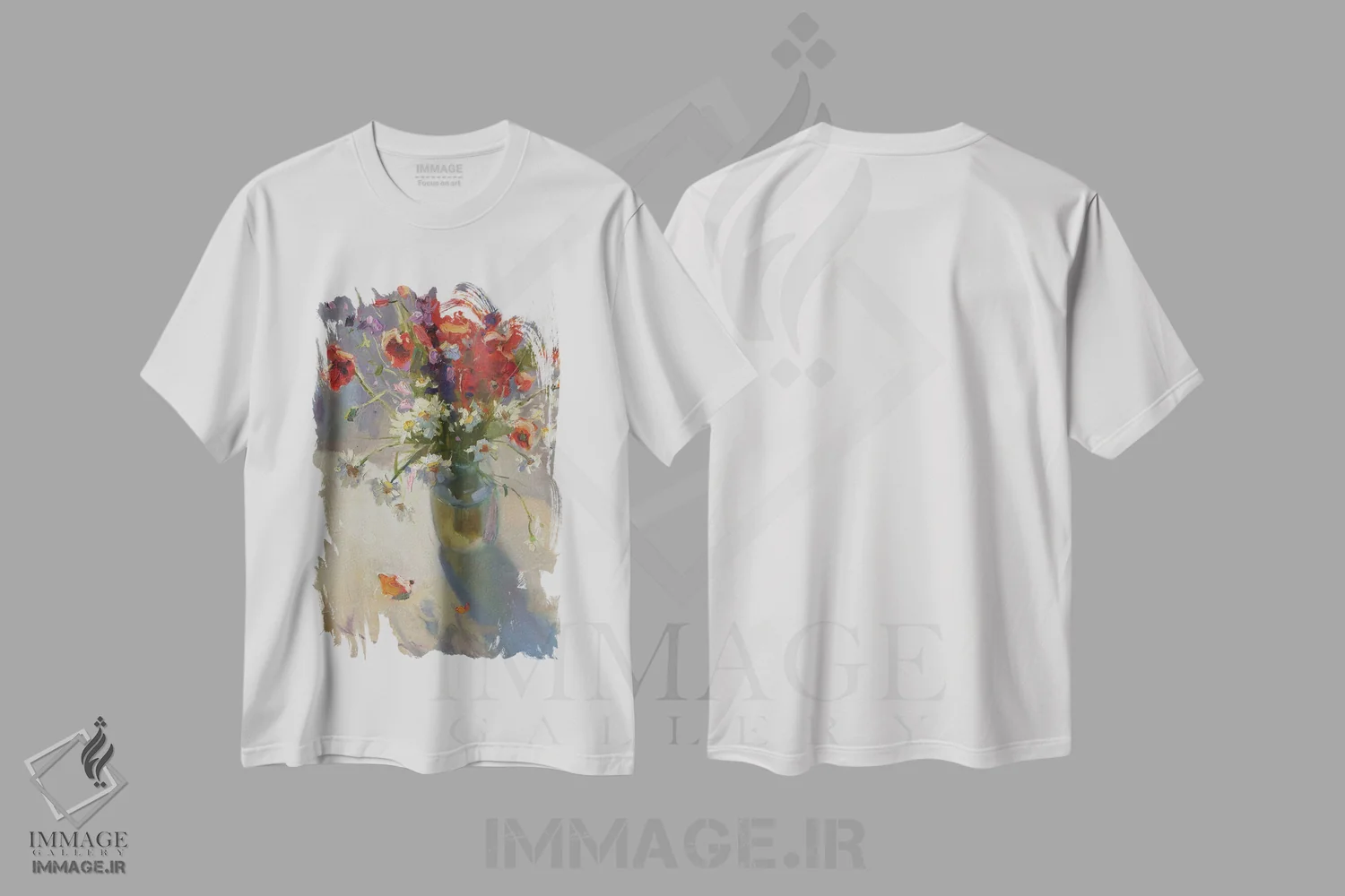 تیشرت سفید طرح دار طبیعت بی جان شقایق و بابونه، هنر فاخر معاصر اثر کنتس آرت | فروشگاه ایماژ
