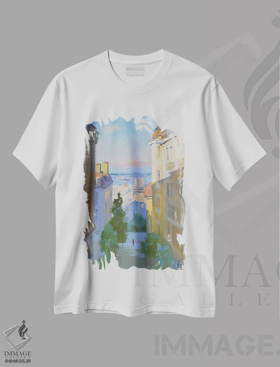 تیشرت سفید طرح دار چشم انداز پاریس از دامنه مونمارتر، هنر فاخر معاصر اثر کنتس آرت | immage.ir