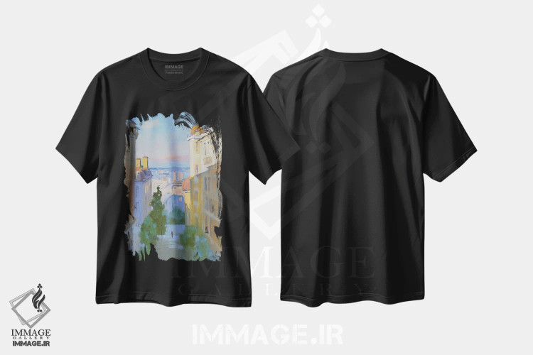 تیشرت مشکی طرح دار چشم انداز پاریس از دامنه مونمارتر، هنر فاخر معاصر اثر کنتس آرت | فروشگاه ایماژ
