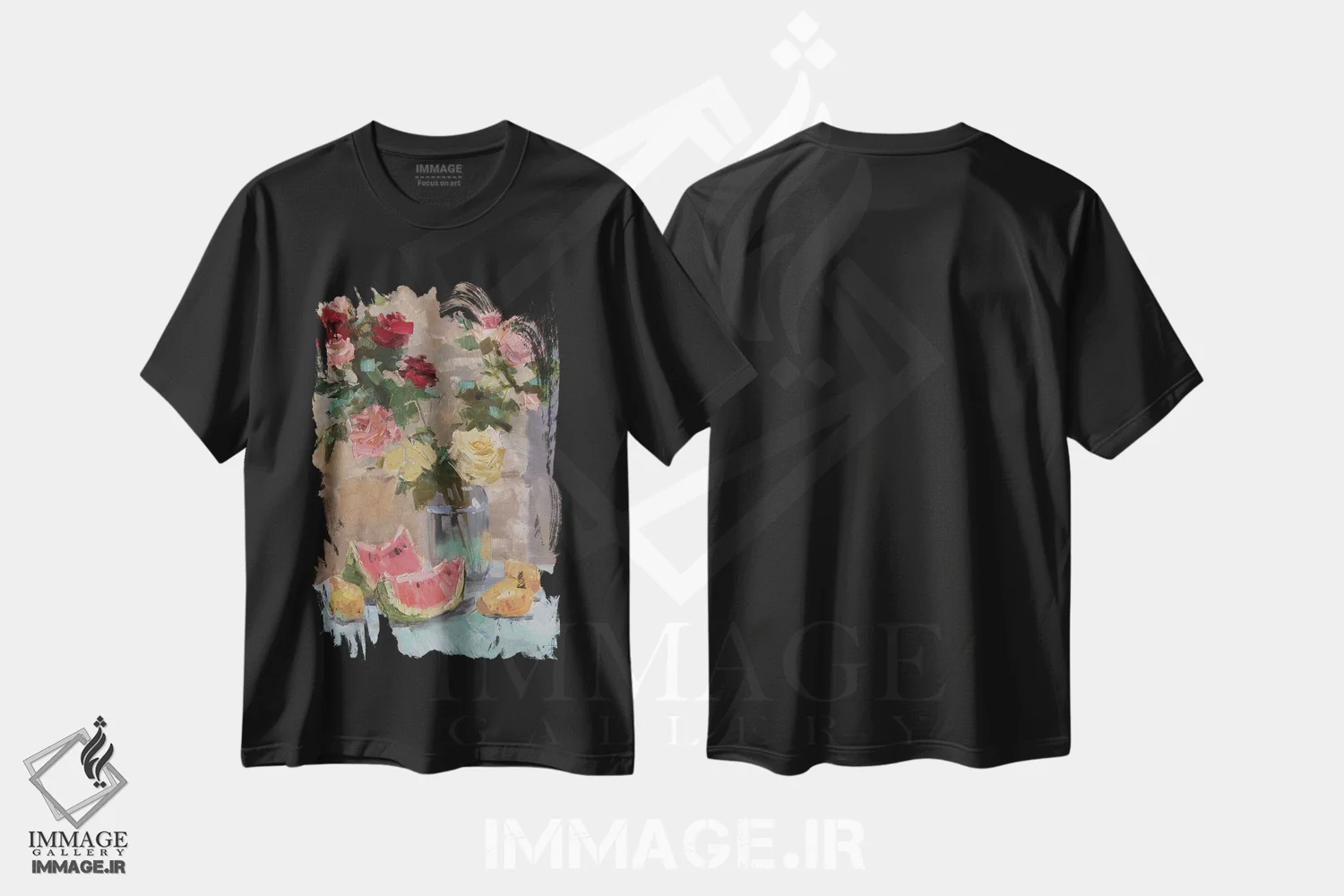 تیشرت مشکی طرح دار رزهای هندوانه ای، هنر فاخر معاصر اثر کنتس آرت | immage.ir