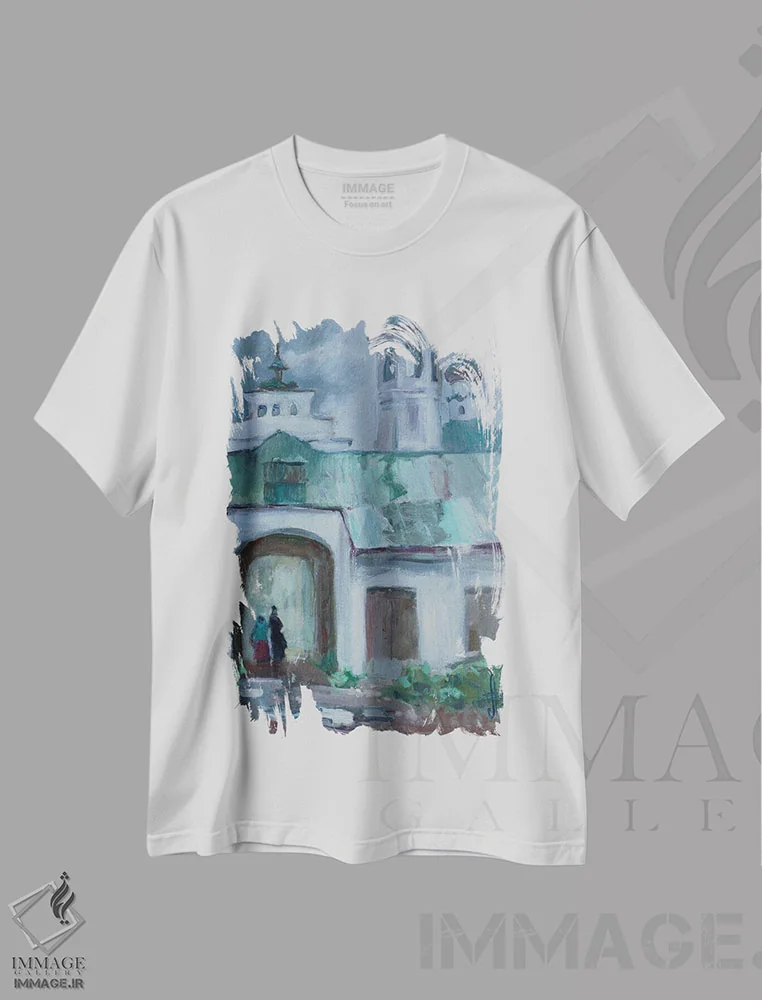 تیشرت سفید طرح دار بام های خیس سوزدال، هنر فاخر معاصر اثر کنتس آرت | immage.ir
