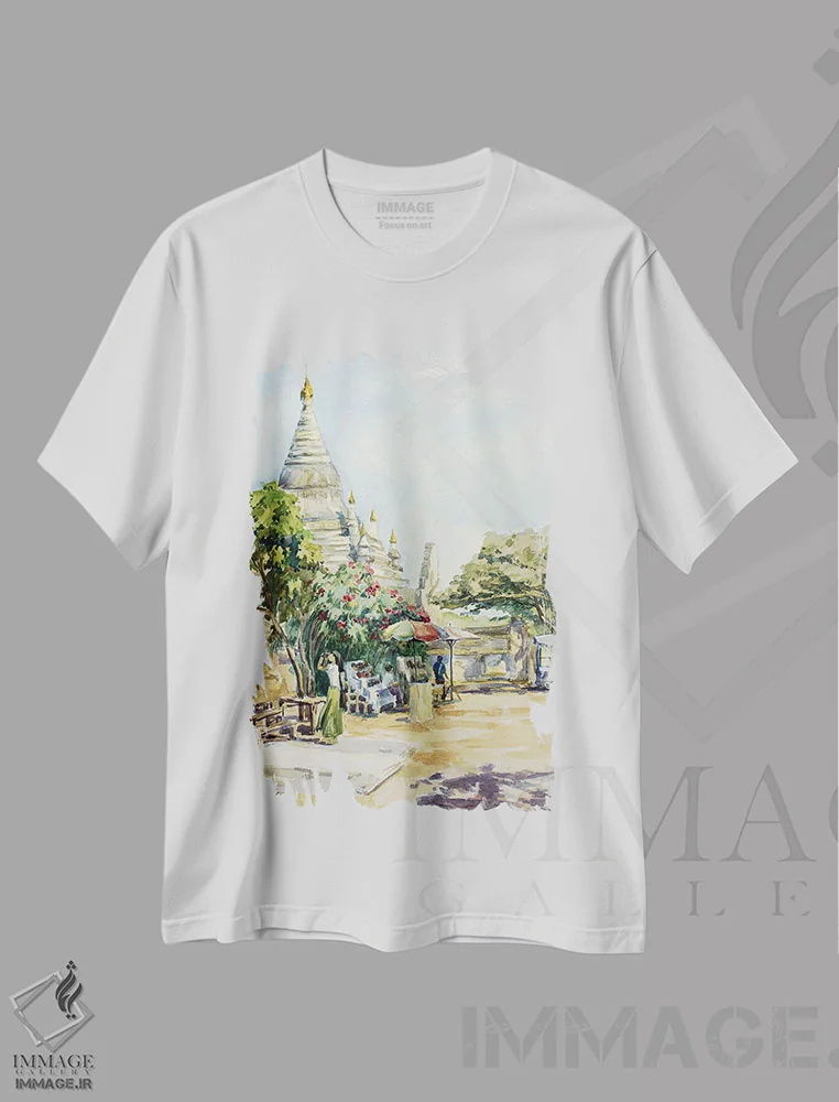 تیشرت سفید طرح دار بازار یانگون در ورودی پاگودا، هنر فاخر معاصر اثر کنتس آرت | فروشگاه ایماژ