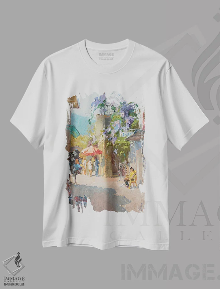 تیشرت سفید طرح دار ویستریا گل دار، هنر فاخر معاصر اثر کنتس آرت | فروشگاه ایماژ