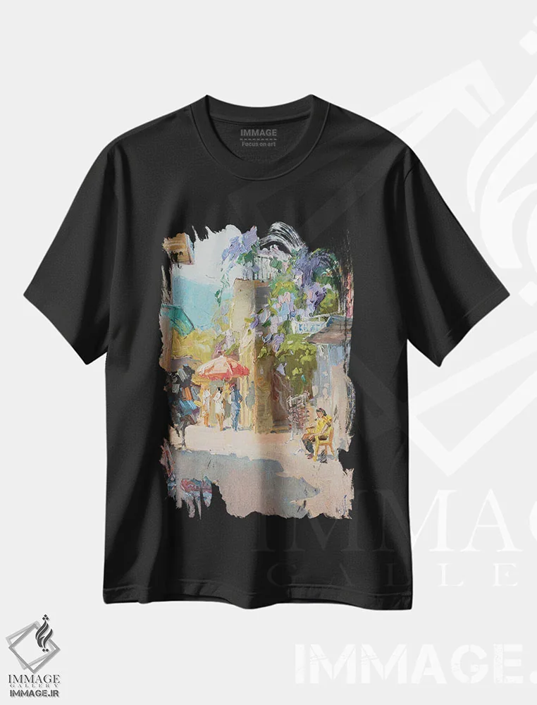 تیشرت مشکی طرح دار ویستریا گل دار، هنر فاخر معاصر اثر کنتس آرت | immage.ir