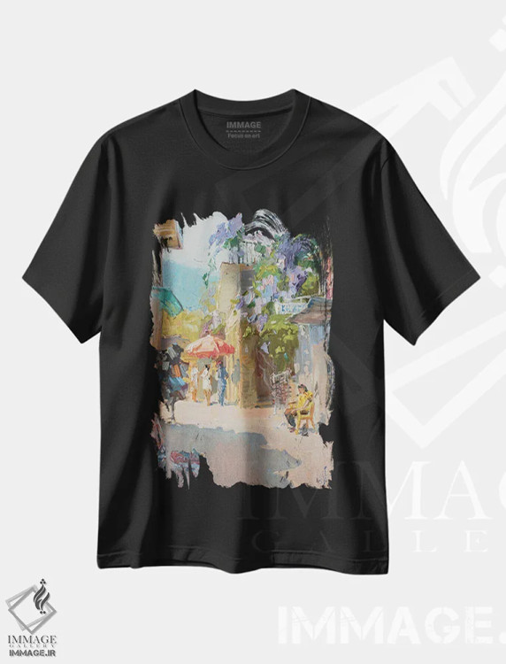 تیشرت مشکی طرح دار ویستریا گل دار، هنر فاخر معاصر اثر کنتس آرت | immage.ir