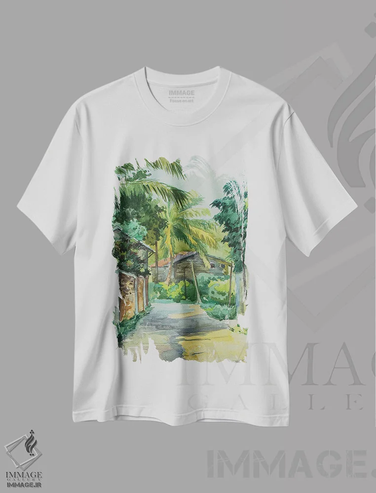 تیشرت سفید طرح دار خیابان باریک یانگون، هنر فاخر معاصر اثر کنتس آرت | immage.ir
