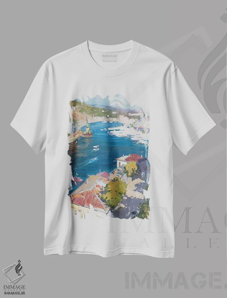 تیشرت سفید طرح دار خلیج بالاکلاوا، هنر فاخر معاصر اثر کنتس آرت | فروشگاه ایماژ