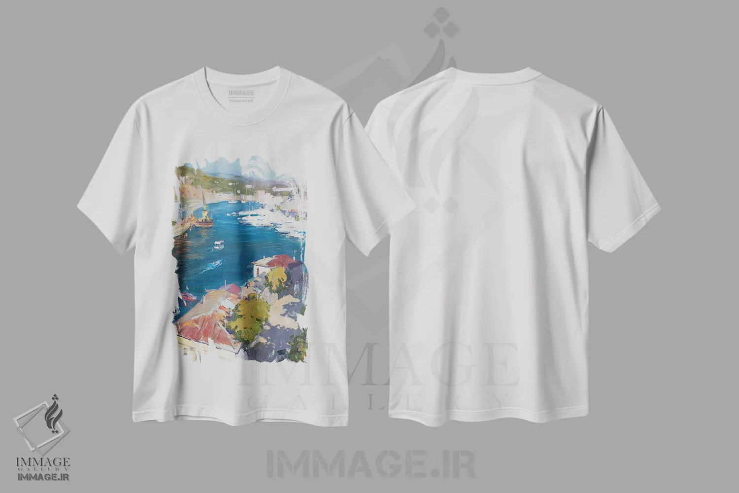 تیشرت سفید طرح دار خلیج بالاکلاوا، هنر فاخر معاصر اثر کنتس آرت | فروشگاه ایماژ