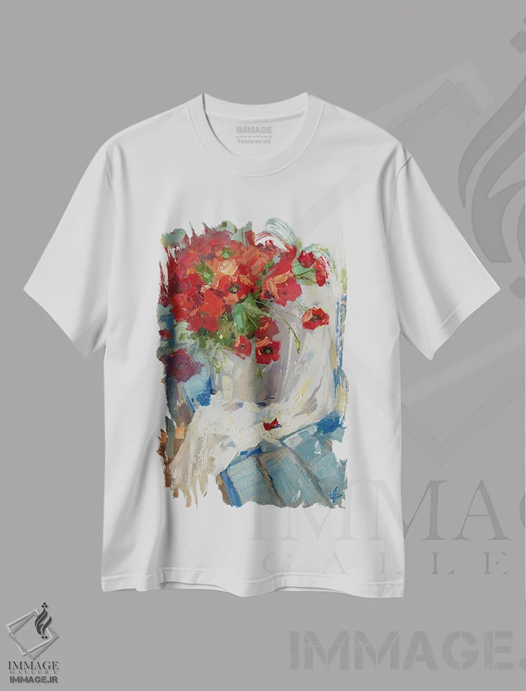 تیشرت سفید طرح دار نیمکت آبی، هنر فاخر معاصر اثر کنتس آرت | immage.ir