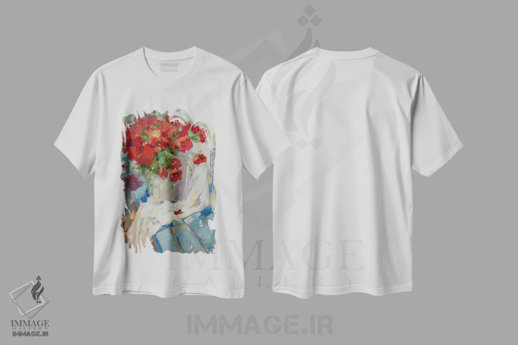 تیشرت سفید طرح دار نیمکت آبی، هنر فاخر معاصر اثر کنتس آرت | immage.ir