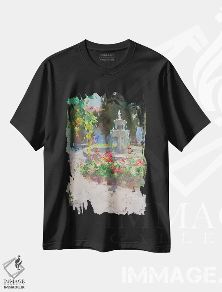 تیشرت مشکی طرح دار فواره، هنر فاخر معاصر اثر کنتس آرت | فروشگاه ایماژ