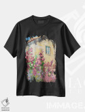 تیشرت مشکی طرح دار یاس بنفش گلدار، هنر فاخر معاصر اثر کنتس آرت | immage.ir