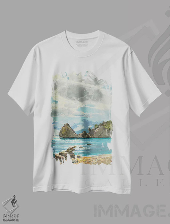 تیشرت سفید طرح دار صخره دیوا، هنر فاخر معاصر اثر کنتس آرت | فروشگاه ایماژ