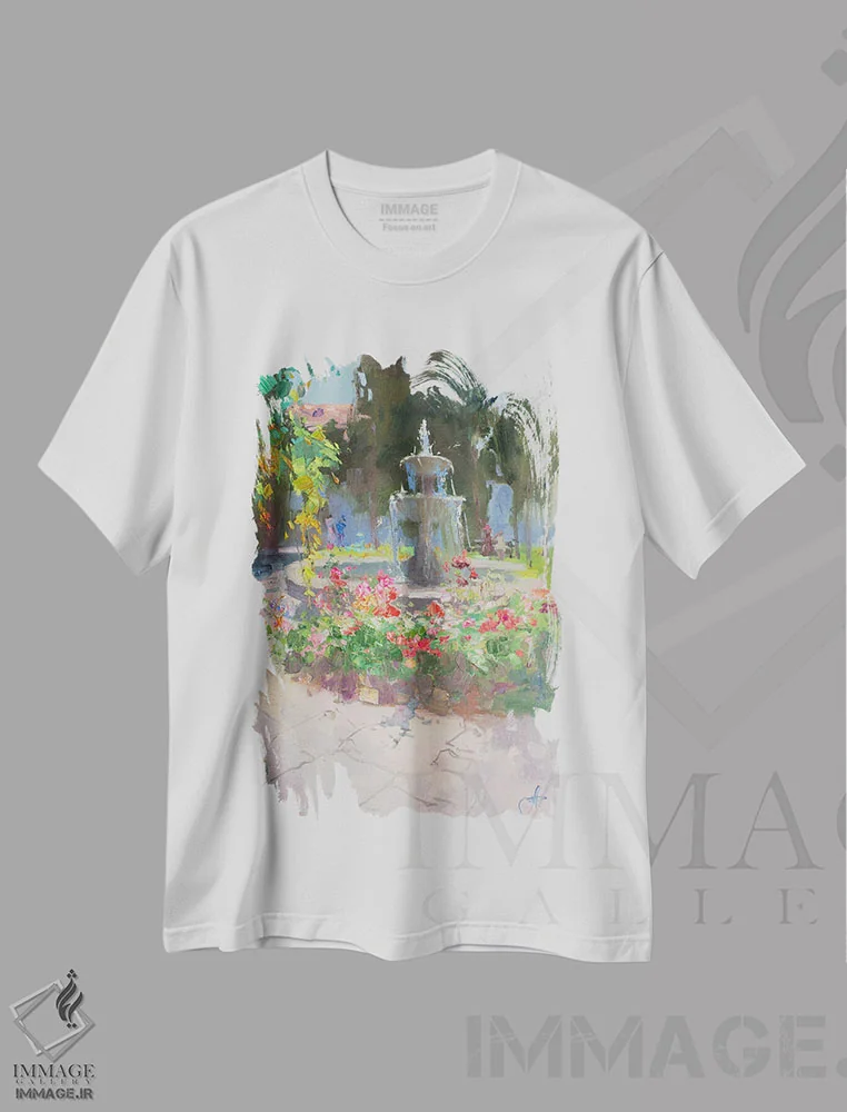 تیشرت سفید طرح دار فواره ایتالیایی، هنر فاخر معاصر اثر کنتس آرت | فروشگاه ایماژ