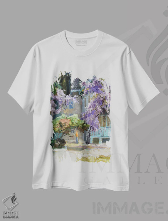 تیشرت سفید طرح دار شادی ویستریا، هنر فاخر معاصر اثر کنتس آرت | immage.ir