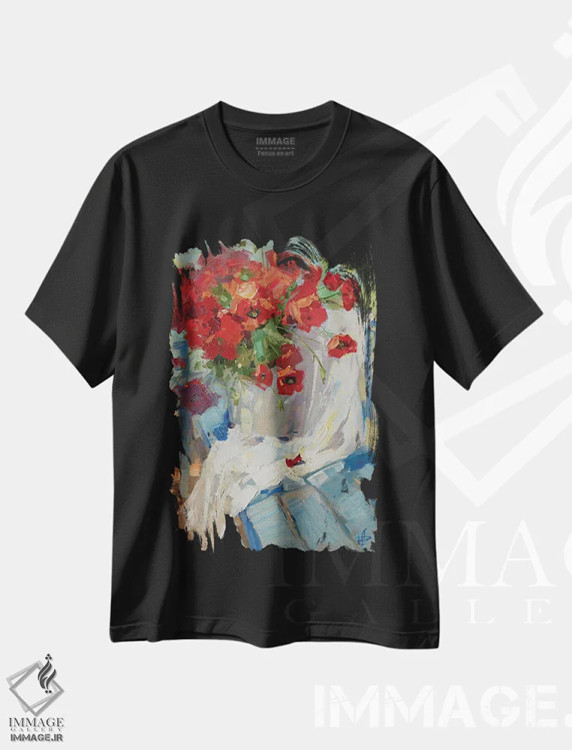 تیشرت مشکی طرح دار نیمکت آبی، هنر فاخر معاصر اثر کنتس آرت | فروشگاه ایماژ