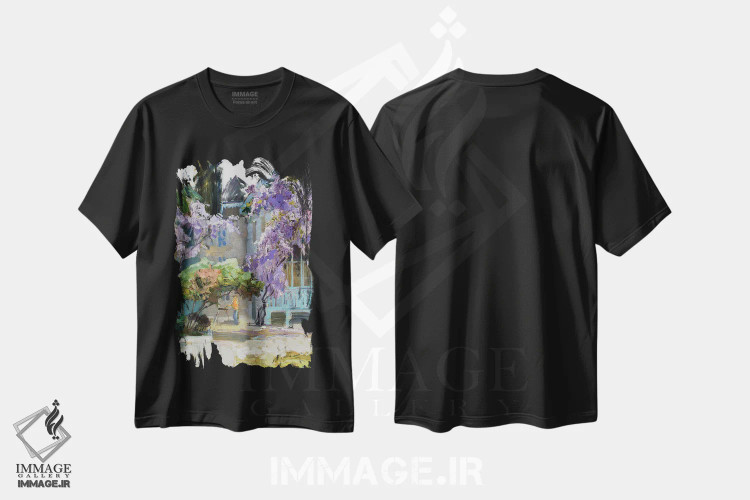 تیشرت مشکی طرح دار شادی ویستریا، هنر فاخر معاصر اثر کنتس آرت | فروشگاه ایماژ