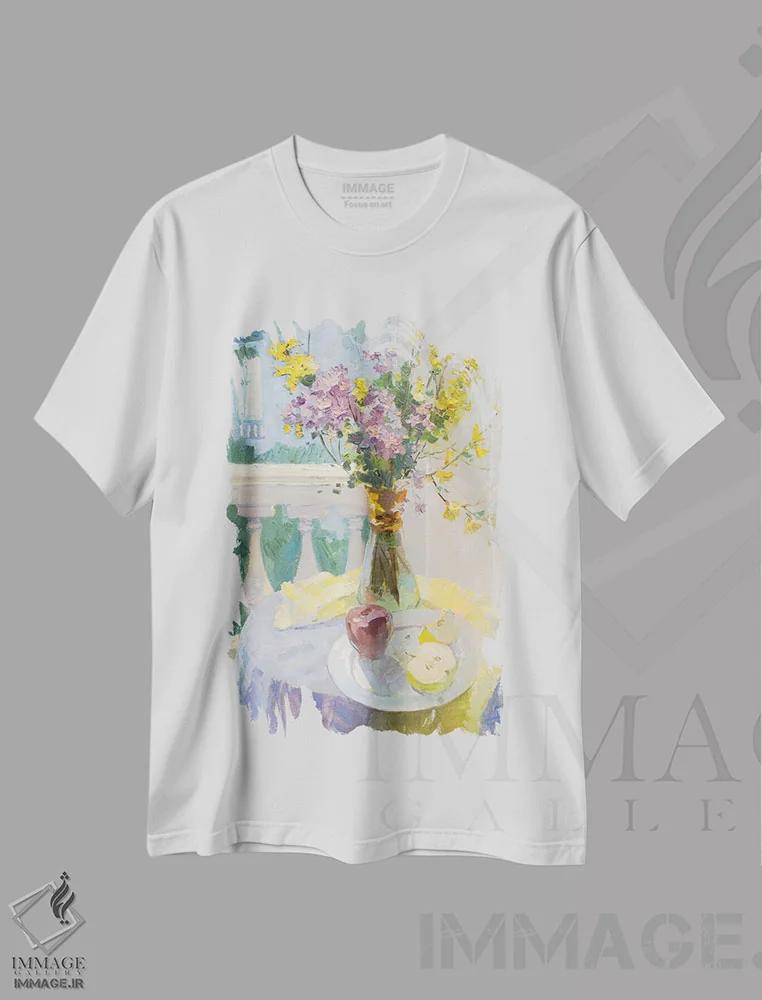 تیشرت سفید طرح دار نفس بهار، هنر فاخر معاصر اثر کنتس آرت | فروشگاه ایماژ