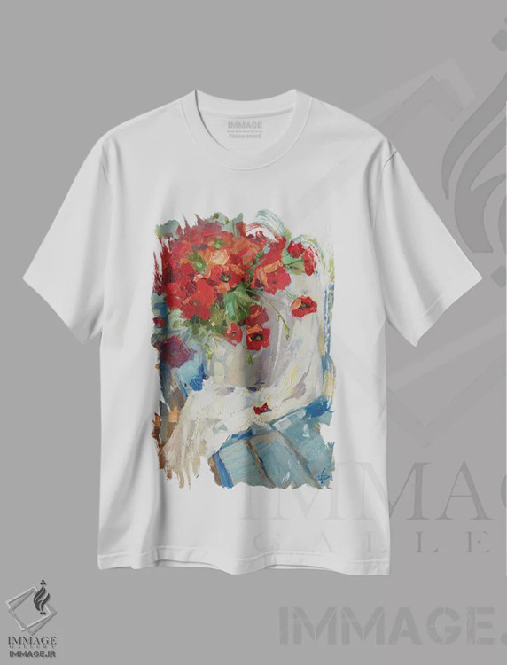 تیشرت سفید طرح دار نیمکت آبی، هنر فاخر معاصر اثر کنتس آرت | immage.ir