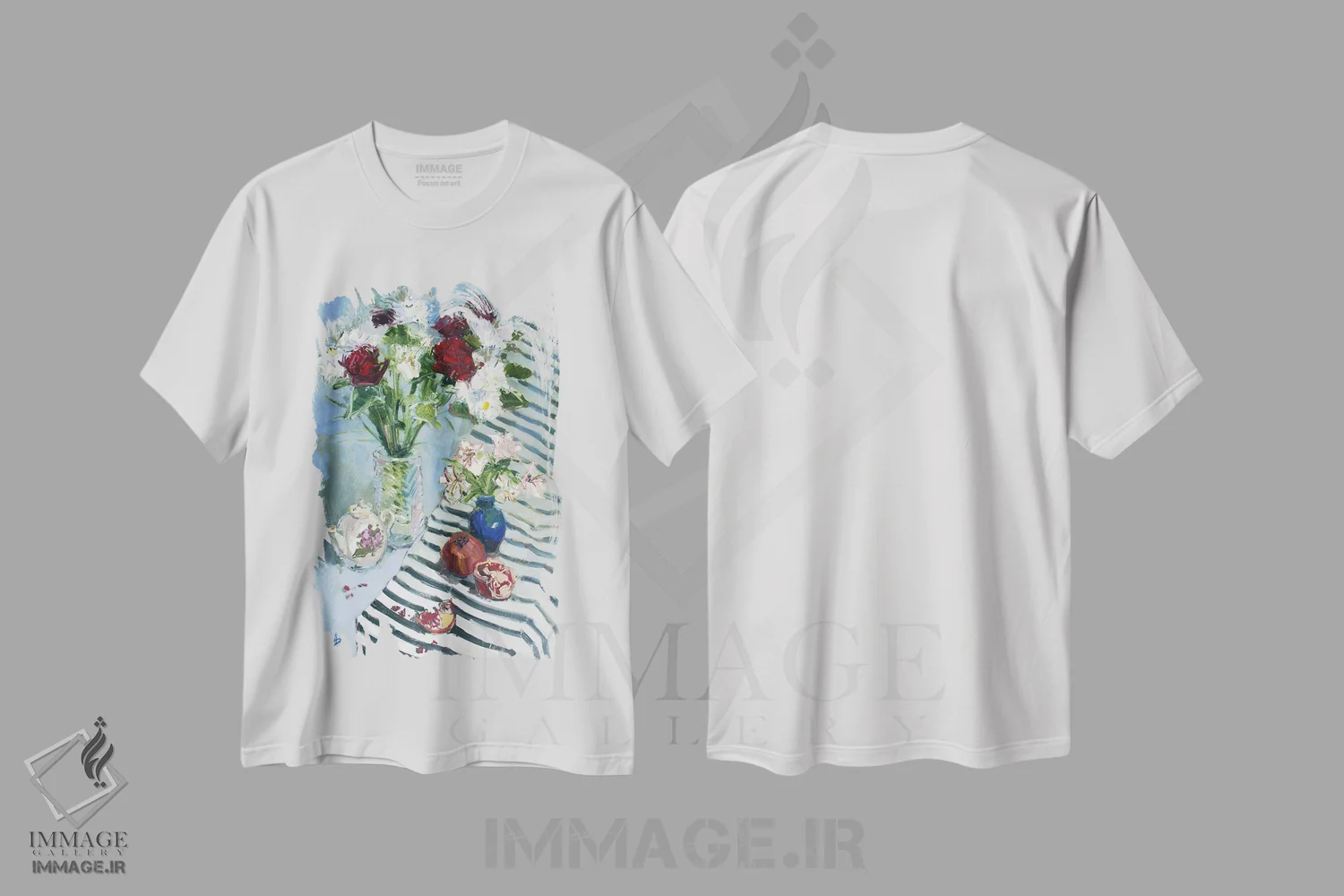 تیشرت سفید طرح دار گلدان ها و انار، هنر فاخر معاصر اثر کنتس آرت | فروشگاه ایماژ