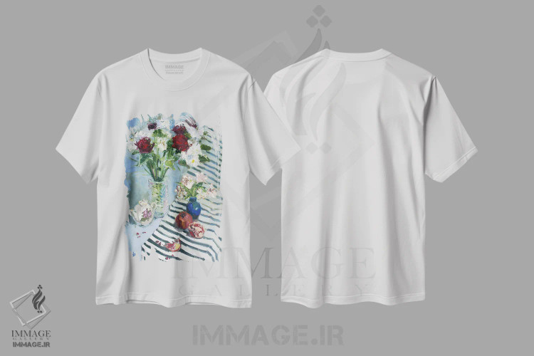 تیشرت سفید طرح دار گلدان ها و انار، هنر فاخر معاصر اثر کنتس آرت | فروشگاه ایماژ