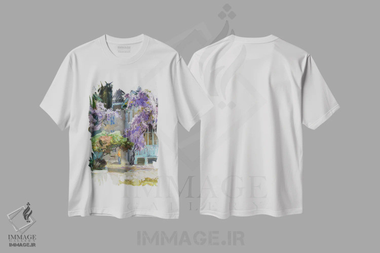 تیشرت سفید طرح دار شادی ویستریا، هنر فاخر معاصر اثر کنتس آرت | immage.ir