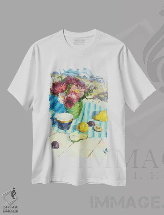 تیشرت سفید طرح دار ستارگان کنار ساحل، هنر فاخر معاصر اثر کنتس آرت | فروشگاه ایماژ