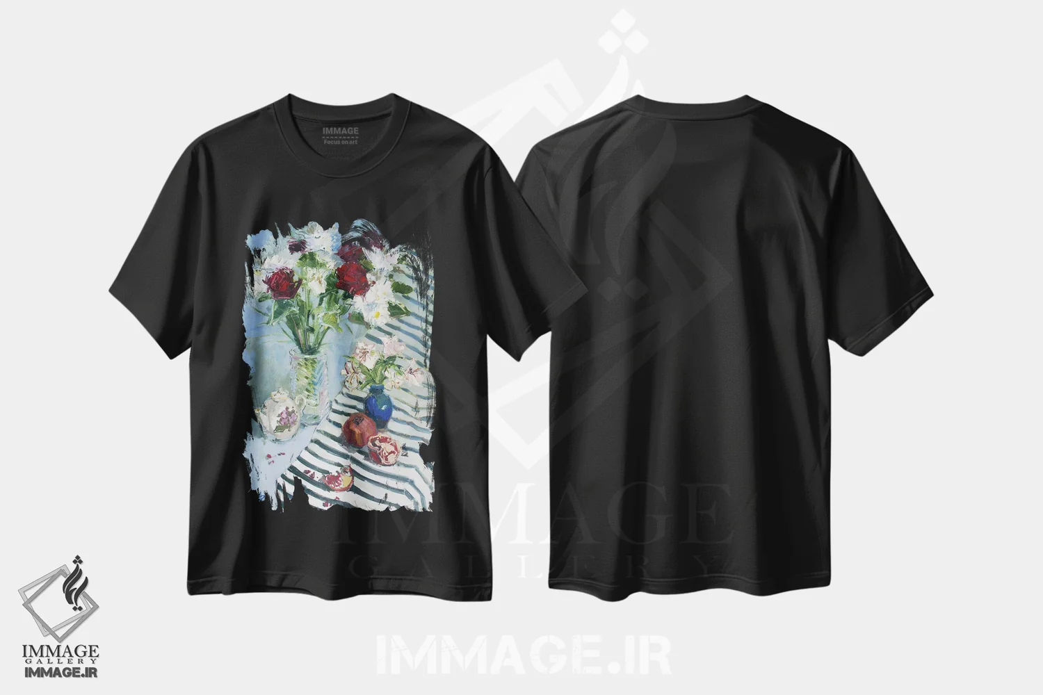 تیشرت مشکی طرح دار گلدان ها و انار، هنر فاخر معاصر اثر کنتس آرت | immage.ir