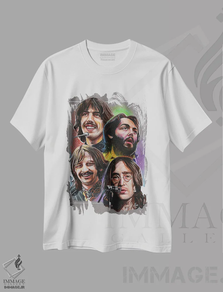تیشرت سفید طرح دار کولاژ بیتلز، دست نقاشی و طراحی دستی اثر هنر کریس هافمن | immage.ir