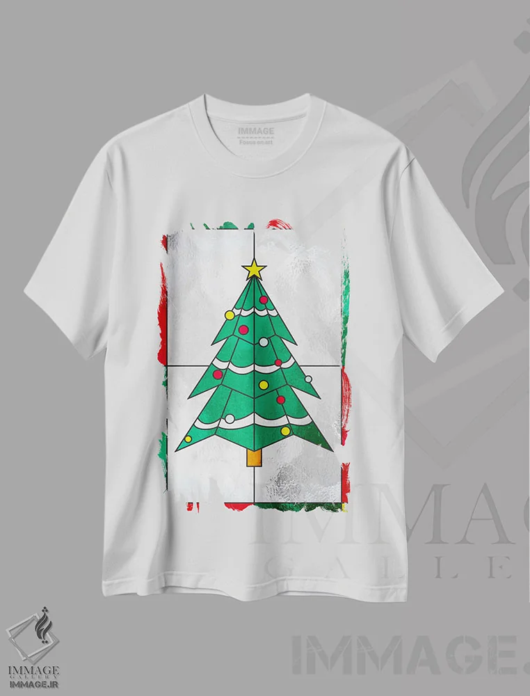 تیشرت سفید طرح دار همیشه سبز فصلی، دکور تعطیلات اثر فایو بای فایو کالکتیو | فروشگاه ایماژ