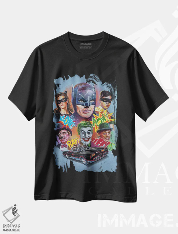تیشرت مشکی طرح دار کولاژ بتمن ۶۶، دست نقاشی و طراحی دستی اثر هنر کریس هافمن | فروشگاه ایماژ