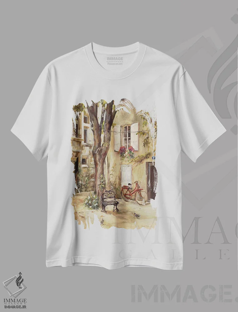 تیشرت سفید طرح دار روستای پرووانس ۱، تزئینی اثر مریلین هاگمن | immage.ir