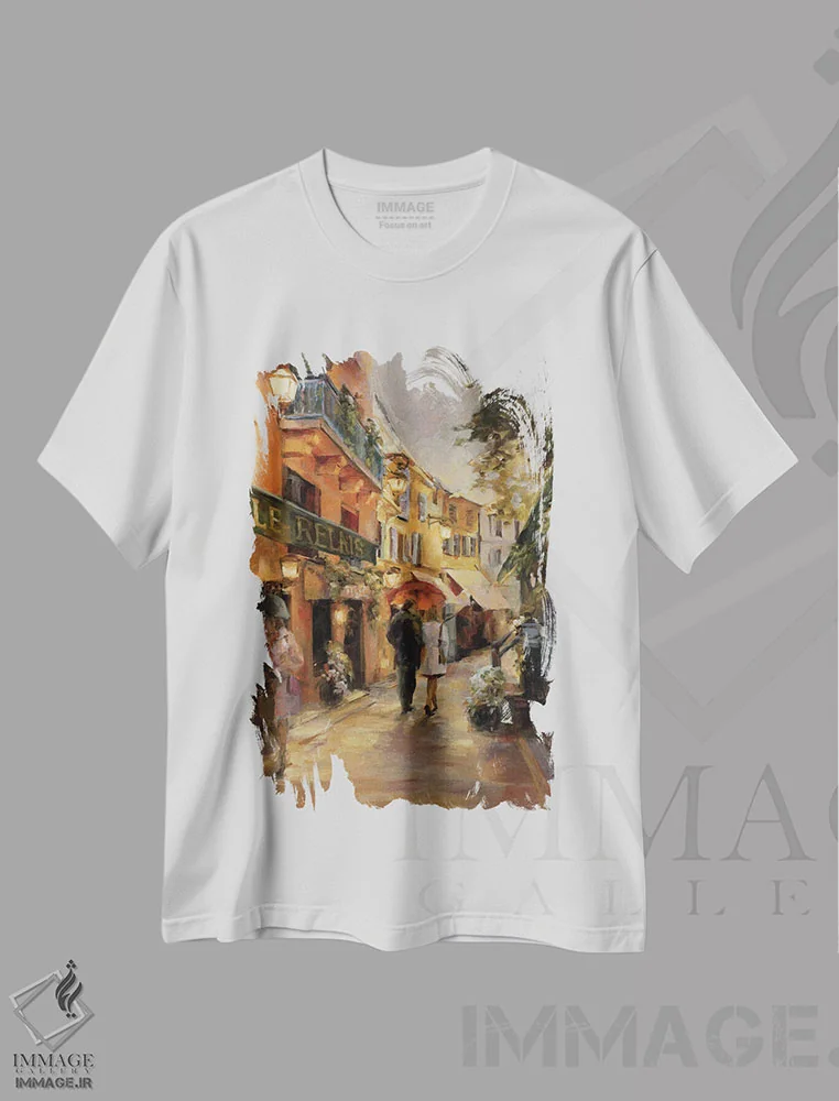 تیشرت سفید طرح دار عصرگاهی در پاریس ۱، تزئینی اثر مریلین هاگمن | فروشگاه ایماژ